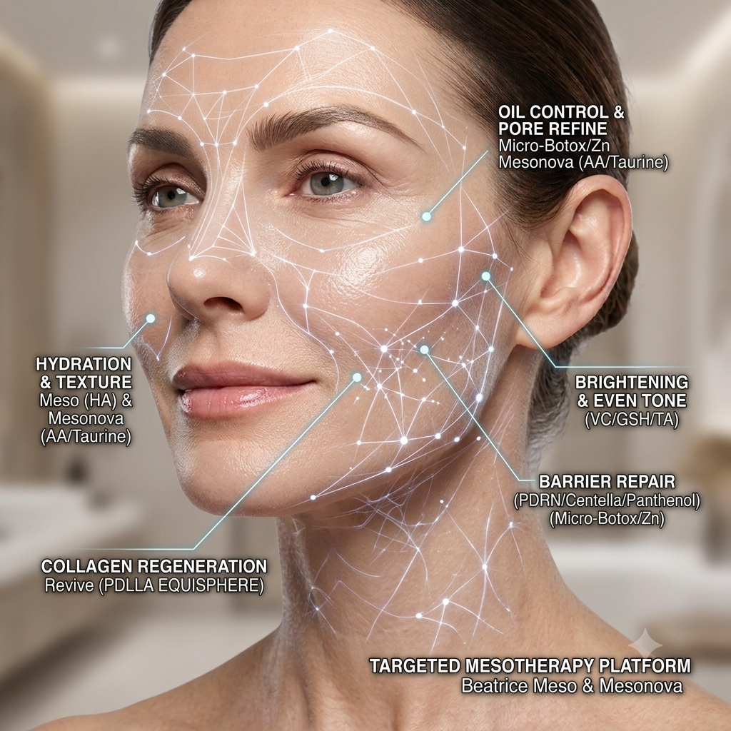 Watercolor illustration of targeted mesotherapy skin treatment